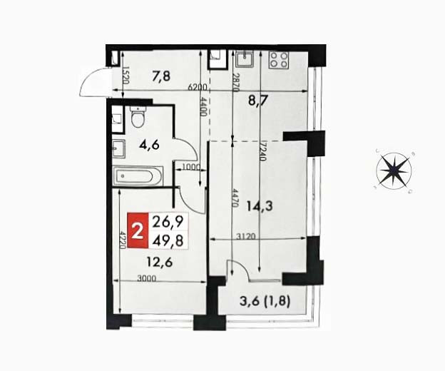 Продается 2-комнатная квартира, площадью 49.80 кв.м. Москва, набережная Шелепихинская