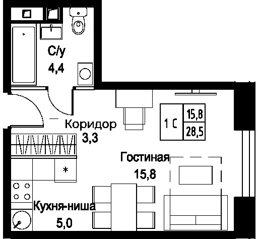 Продается 1-комнатная квартира, площадью 28.50 кв.м. Москва, улица Наметкина, дом 10Д