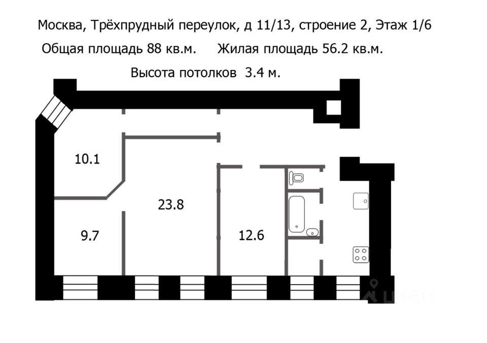 Продается 4-комнатная квартира, площадью 87.80 кв.м. Москва, переулок Трехпрудный, дом 11/13с2