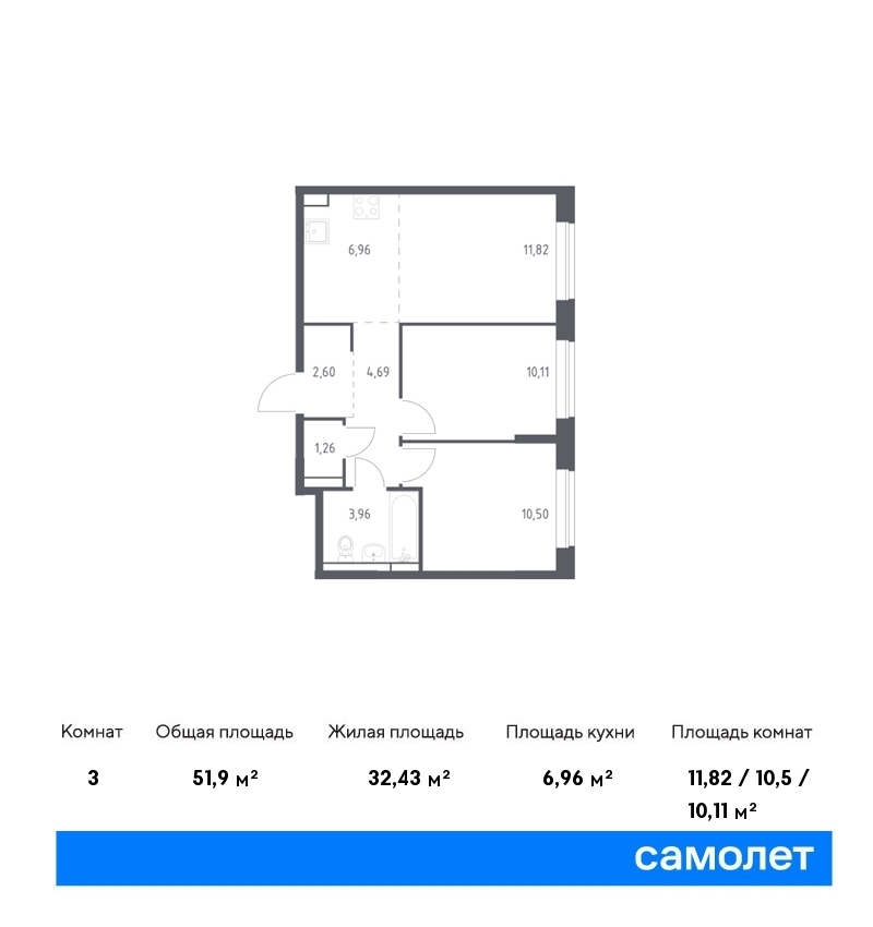 Продается 3-комнатная квартира, площадью 51.90 кв.м. Московская область, Ленинский район, деревня Горки