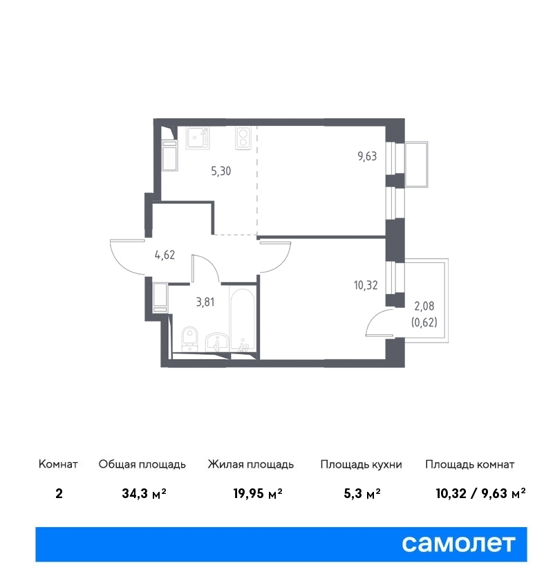 Продается 2-комнатная квартира, площадью 34.30 кв.м. Московская область, Ленинский район, деревня Коробово, дом к3.2