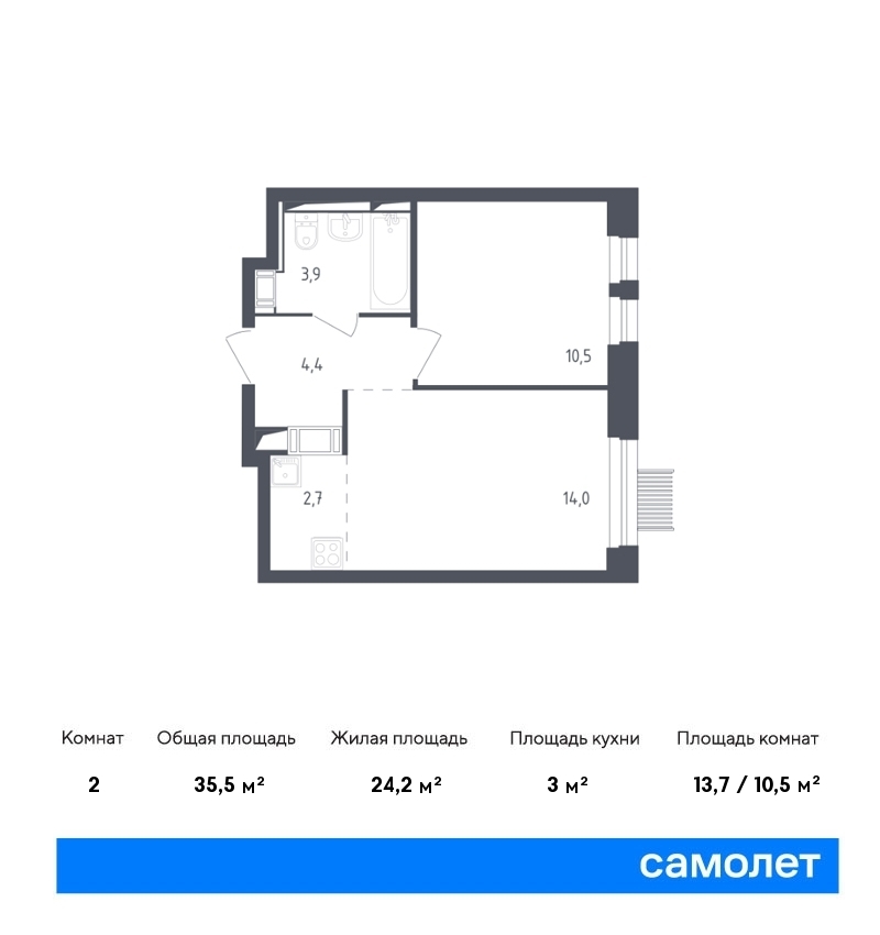 Продается 2-комнатная квартира, площадью 35.50 кв.м. Московская область, Мытищи городской округ, город Мытищи, переулок 1-й Стрелковый, дом к4.2