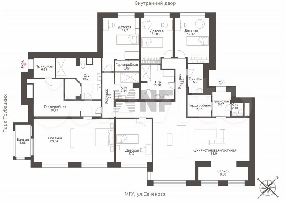 Продается 4-комнатная квартира, площадью 298.90 кв.м. Москва, улица Трубецкая, дом 8