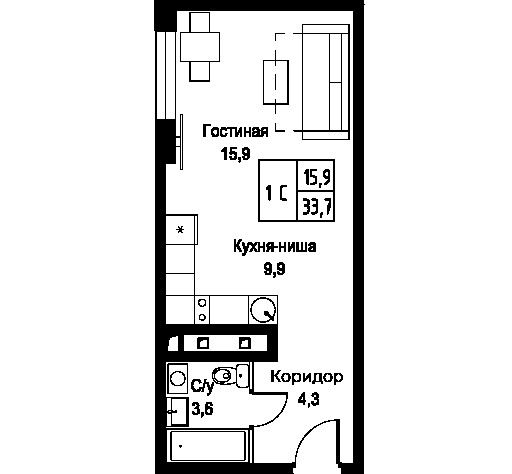 Продается 1-комнатная квартира, площадью 33.70 кв.м. Москва, улица Наметкина, дом 10Д