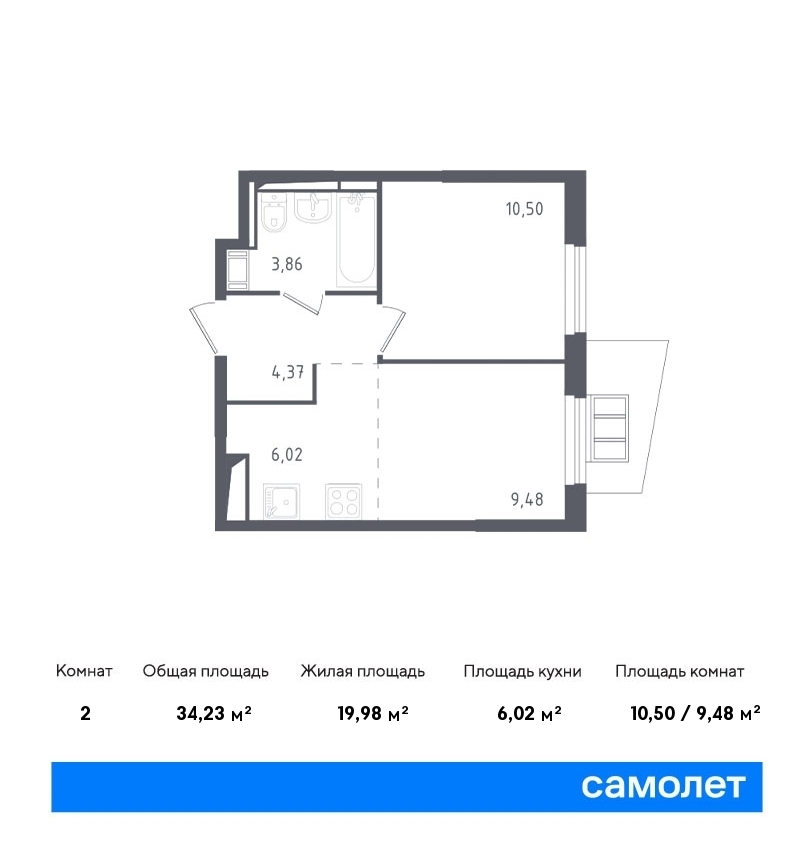 Продается 2-комнатная квартира, площадью 34.20 кв.м. Московская область, Ленинский район, деревня Коробово, дом к3.1