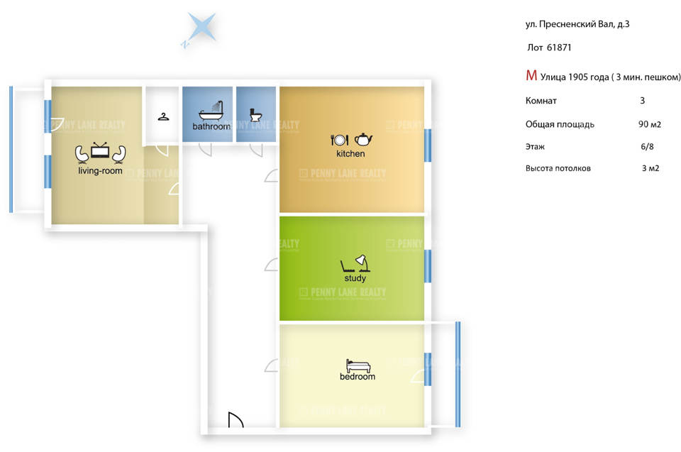 Продается 3-комнатная квартира, площадью 90.00 кв.м. Москва, улица Пресненский Вал, дом 3